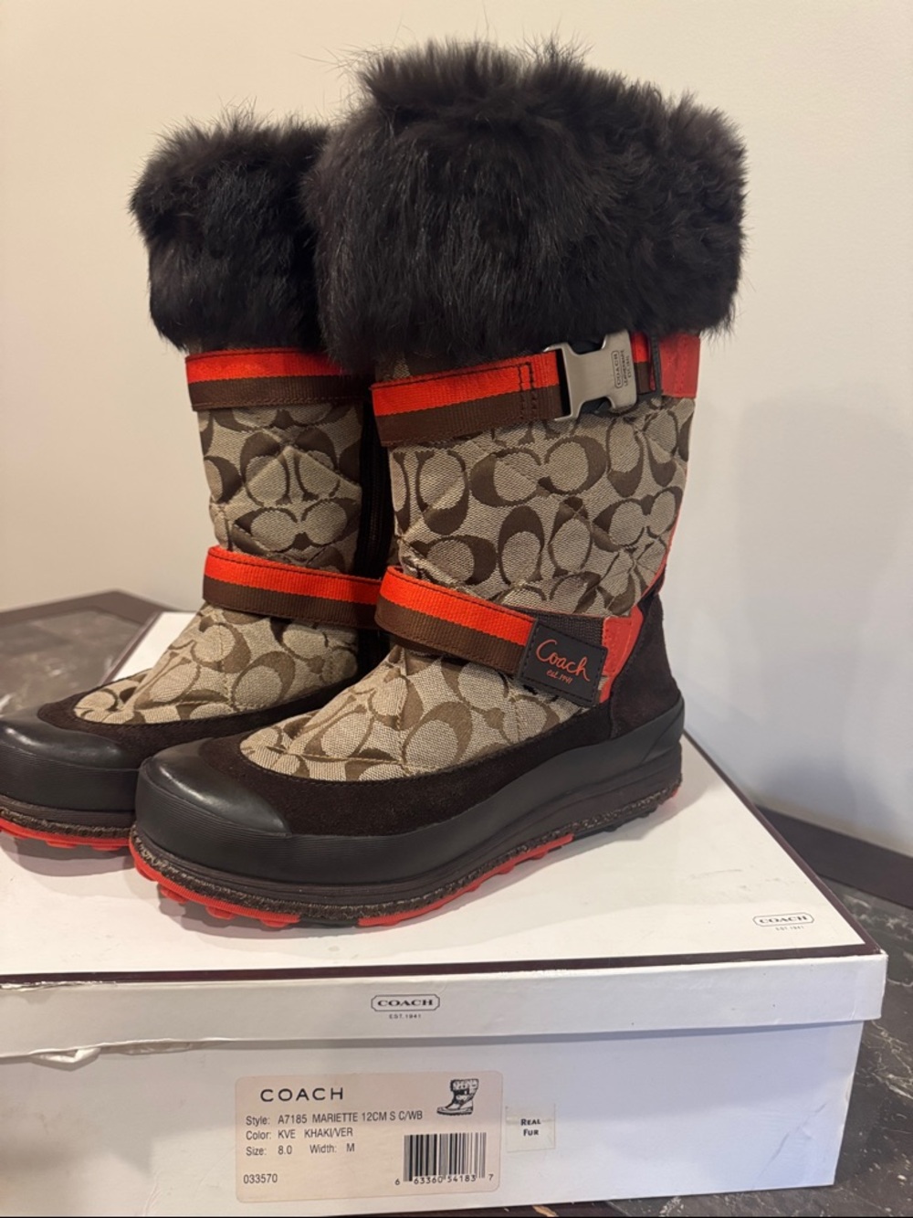 Coach Brown Signature Monogram Faux Fur Trim Winter Boots with Red Accents